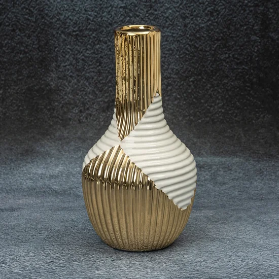 Wazon ceramiczny biało-złoty z geometrycznym wzorem - ∅ 12 x 23 cm - beżowy