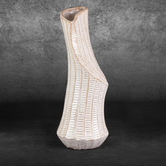 Wazon ceramiczny LIZA z wytłaczanym wzorem o ściętym kształcie - 20 x 20 x 53 cm - kremowy