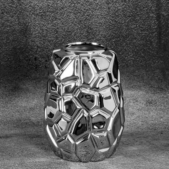 Wazon ceramiczny RENI o lśniącej powierzchni z wytłaczanym geometrycznym wzorem - ∅ 15 x 20 cm - srebrny