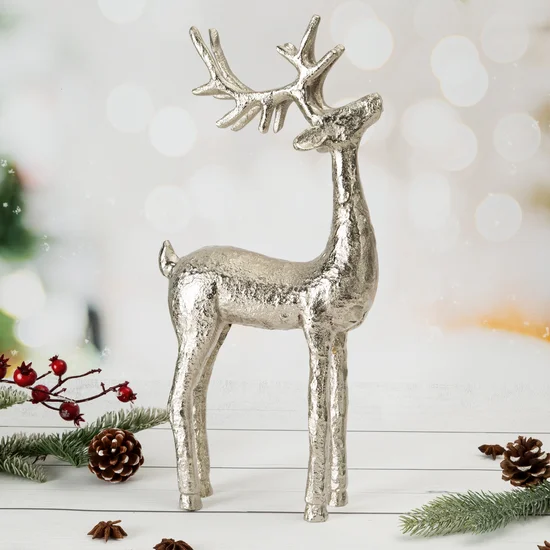 Figurka świąteczna RENIFER z metalu i dużymi rogami - 16 x 6 x 39 cm - srebrny