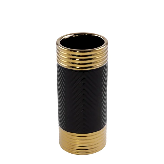 Wazon ceramiczny czarno-złoty z wytłaczanym geometrycznym wzorem - ∅ 11 x 25 cm - czarny