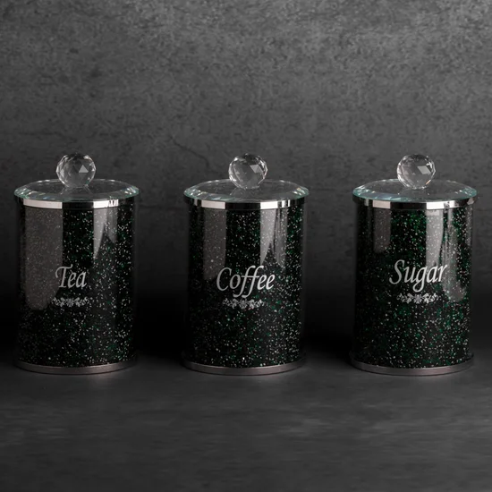 Komplet VENTOSA 3 szt pojemników do przechowywania z kryształkami, w stylu glamour - ∅ 10 x 17 cm - zielony