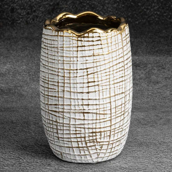 Wazon ceramiczny SELMA z wytłaczanym wzorem biało-złoty - ∅ 10 x 16 cm - biały