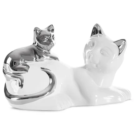 Koty figurka dekoracyjna ceramiczna biało-srebrna Koty figurka dekoracyjna ceramiczna biało-srebrna - 20 x 11 x 12 cm