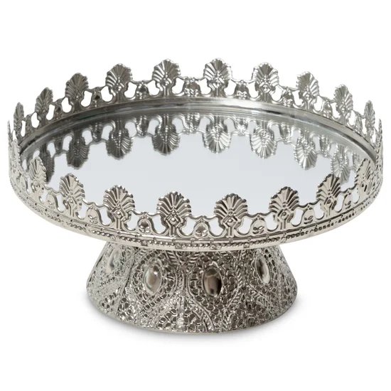 Okrągła patera dekoracyjna AMELI z lustrzanym blatem i ażurowym obrzeżem z metalu, srebrna - ∅ 22 x 11 cm - srebrny