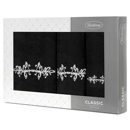 Zestaw upominkowy KAMELIA 3 szt ręczników z haftem z motywem ornamentu roślinnego w kartonowym opakowaniu na prezent - 56 x 36 x 7 cm - czarny
