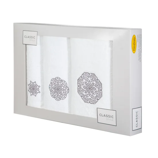 Komplet ręczników z haftem w kształcie mandali w kartonowym opakowaniu - 56 x 36 x 7 cm - biały