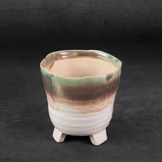 Osłonka ceramiczna na donicę KATIA w stylu boho z cieniowaniem - ∅ 11 x 10 cm - kremowy