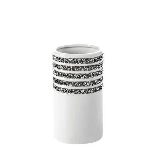 Wazon ceramiczny KAMIL w kształcie walca dekorowany drobnymi kryształkami biały - 10 x 8 x 20 cm - biały