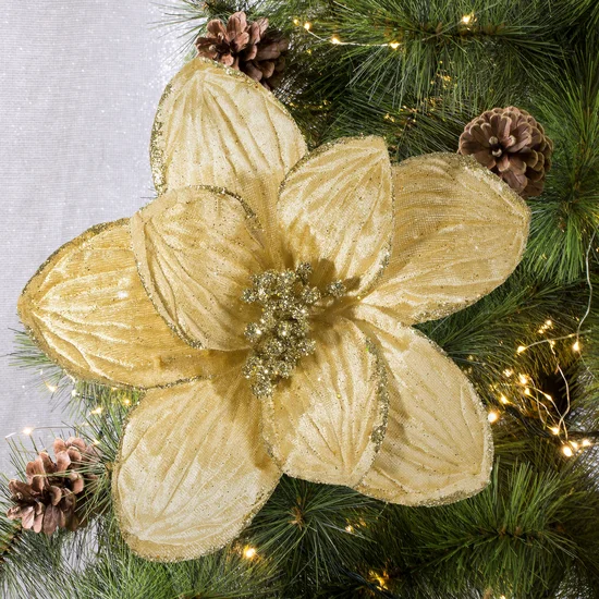 Świąteczny kwiat dekoracyjny z welwetu zdobiony brokatem - 20 cm - złoty