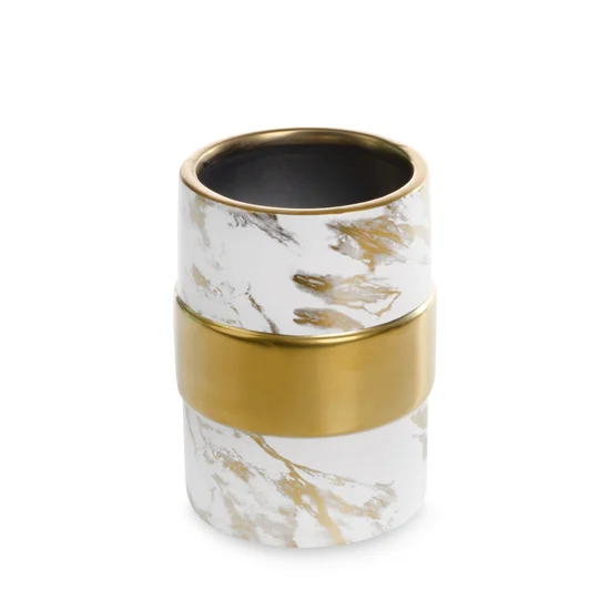 Wazon ceramiczny o nowoczesnym kształcie biało-złoty z marmurkowym wzorem - ∅ 11 x 15 cm - biały