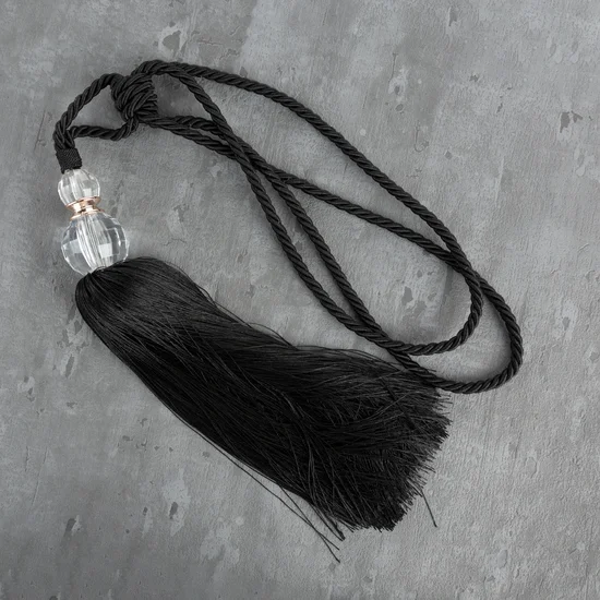 Dekoracyjny sznur IZA do upięć z chwostem z kryształem, styl glamour - 74 x 35 cm - czarny