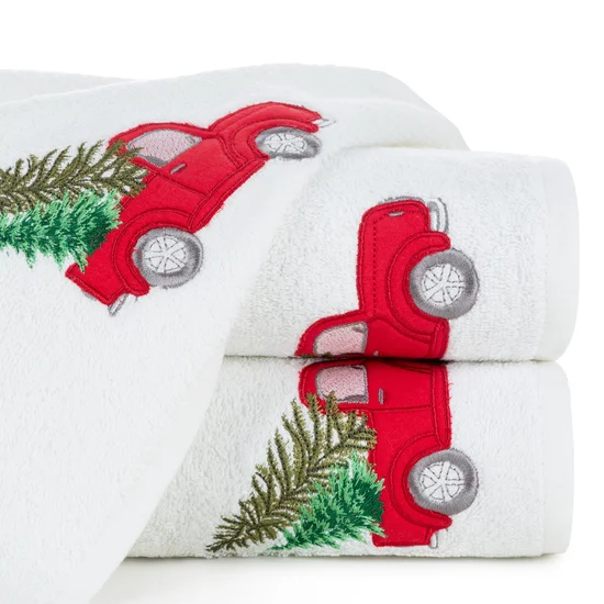 Ręcznik świąteczny SANTA 22  bawełniany z aplikacją z samochodem i choinką - 70 x 140 cm - biały
