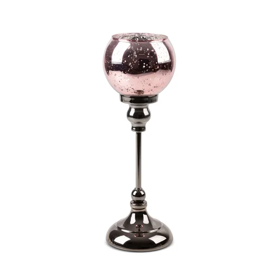 Świecznik bankietowy szklany FIBI na wysmukłej metalowej  nóżce ze szklanym kloszem - ∅ 12 x 35 cm - różowy