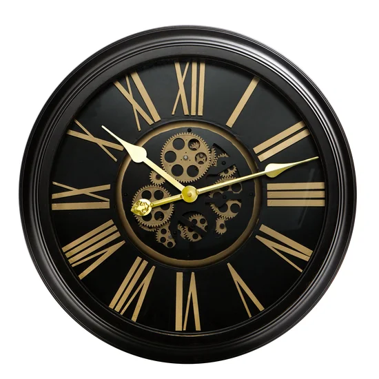 Dekoracyjny zegar ścienny w stylu retro z ruchomymi kołami zębatymi - 64 x 11 x 64 cm - czarny