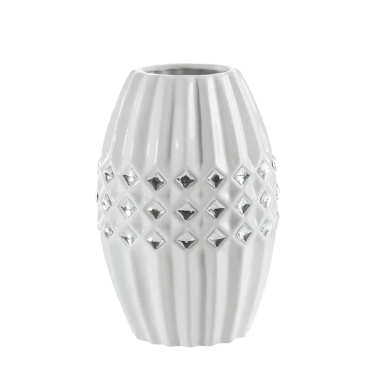 Wazon ceramiczny GABI o geometrycznej formie zdobiony kryształami biały - 19 x 13 x 29 cm - biały
