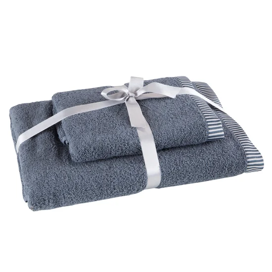 Komplet 2 szt ręczników KOS z  ozdobną żakardową bordiurą w paseczki - 36 x 25 x 12 cm - grafitowy