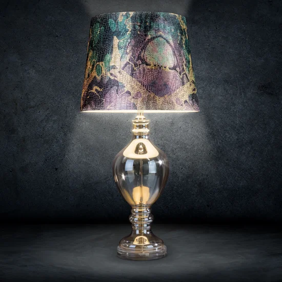 Lampa stołowa HELEN na podstawie z dymionego szkła z abażurem z welwetowej tkaniny z fantazyjnym wzorem - ∅ 35 x 70 cm - złoty