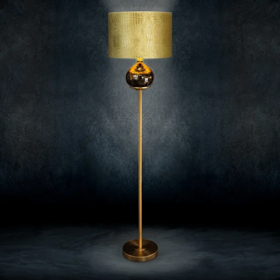Lampa stojąca MYRA na podstawie łączącej szkło i metal z wytłaczanym welwetowym abażurem - ∅ 25 x 157 cm - musztardowy
