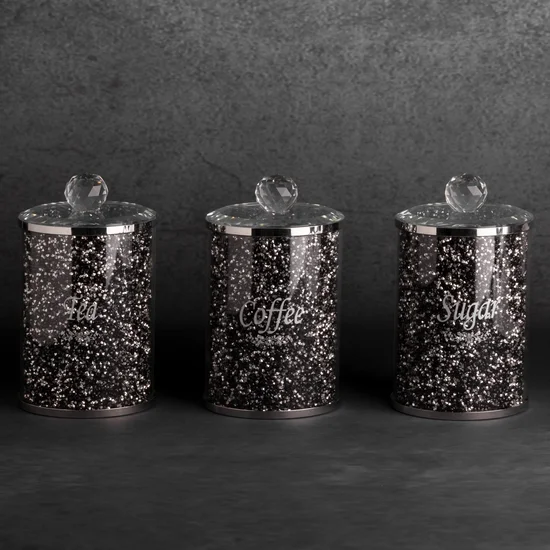 Komplet VENTOSA 3 szt pojemników do przechowywania z kryształkami, w stylu glamour - ∅ 10 x 17 cm - srebrny