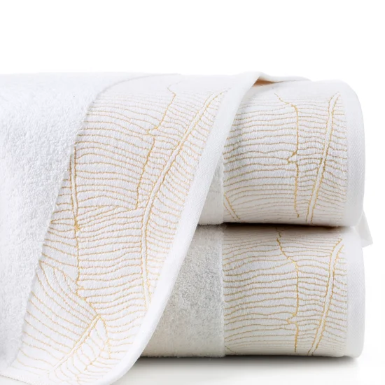 Ręcznik METALIC z  żakardową bordiurą z motywem liści bananowca wykonanym złotą nicią - 30 x 50 cm - biały