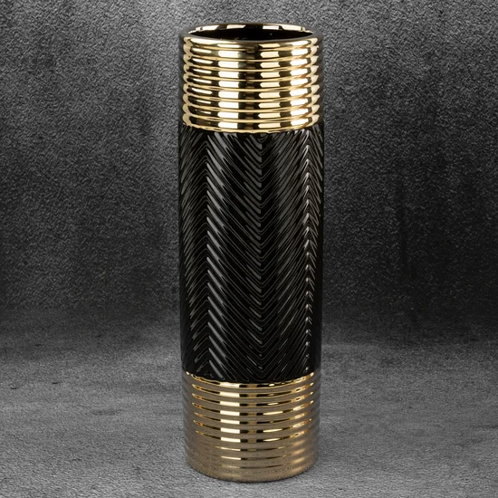 Wazon ceramiczny czarno-złoty z wytłaczanym geometrycznym wzorem - ∅ 12 x 39 cm - czarny