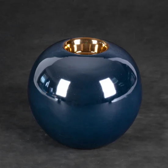 Świecznik ceramiczny AMORA 1 o lśniącej powierzchni ze złotym detalem, kulisty - ∅ 12 x 10 cm - granatowy