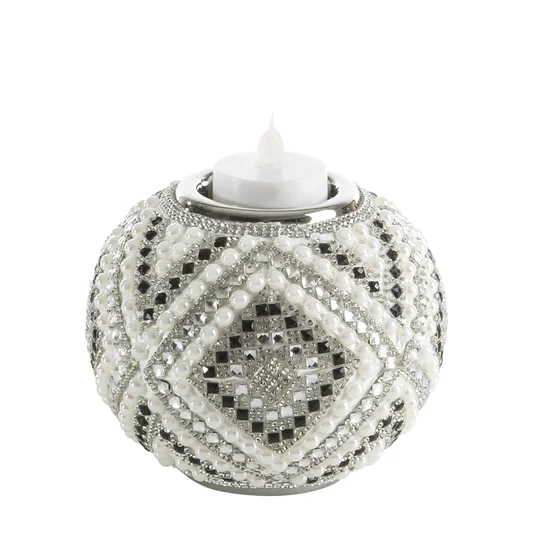 Świecznik dekoracyjny zdobiony kryształkami i perełkami -  - biały