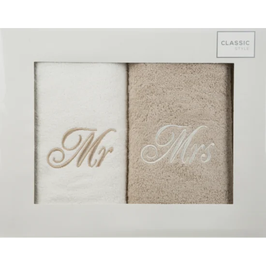 Komplet ręczników z haftem Mrs&Mr w kartonowym opakowaniu - 47 x 37 x 7 cm - kremowy