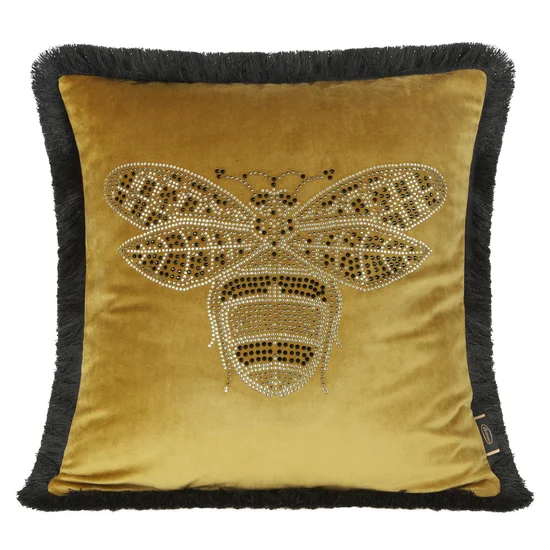 Poszewka  ROYAL 2 z lśniącego welwetu  zdobiona aplikacją z pszczołą z dwukolorowych kamyczków z puszystą pasmanterią - 45 x 45 cm - złoty