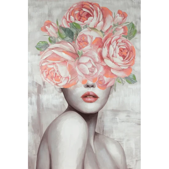 Obraz Obraz AMELI 1 portret kobiety w nakryciu głowy z kwiatów ręcznie malowany na płótnie - 80 x 120 cm - różowy