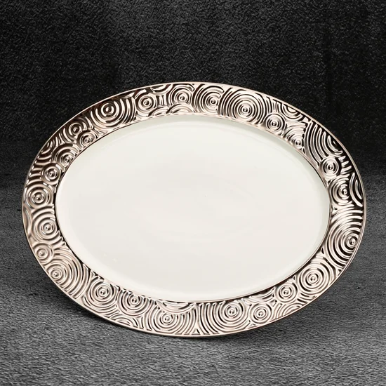 Patera z ceramiki dekoracyjnej ALTEA ze srebrnymi wytłoczeniami - 25 x 34 x 3 cm - srebrny