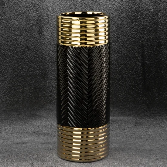 Wazon ceramiczny czarno-złoty z wytłaczanym geometrycznym wzorem - ∅ 12 x 33 cm - czarny