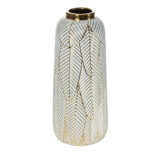 Wazon ceramiczny ALIA zdobiony motywem liści bananowca - ∅ 15 x 35 cm - złoty/biały