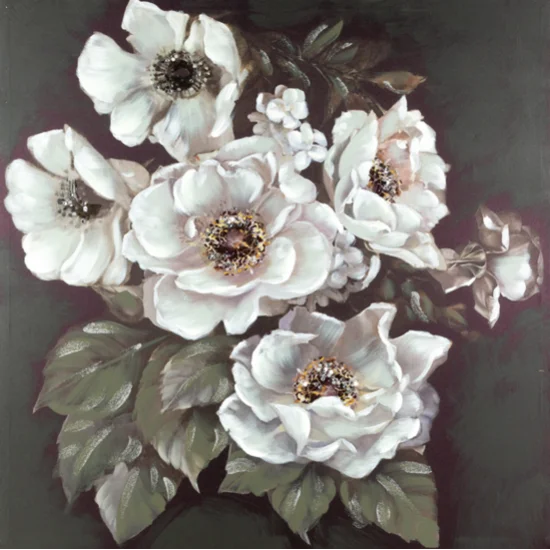 Obraz ROSES ręcznie malowany na płótnie z dzikimi różami podkreślony lśniącymi kryształkami - 80 x 80 cm - czarny