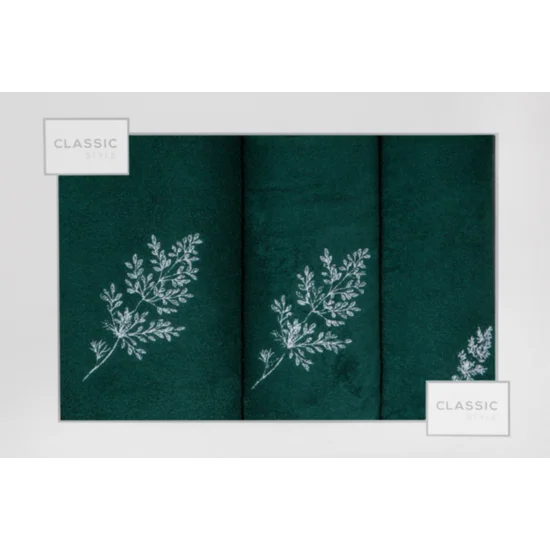 Komplet ręczników z haftem gałązek w kartonowym opakowaniu - 56 x 36 x 7 cm - butelkowy zielony