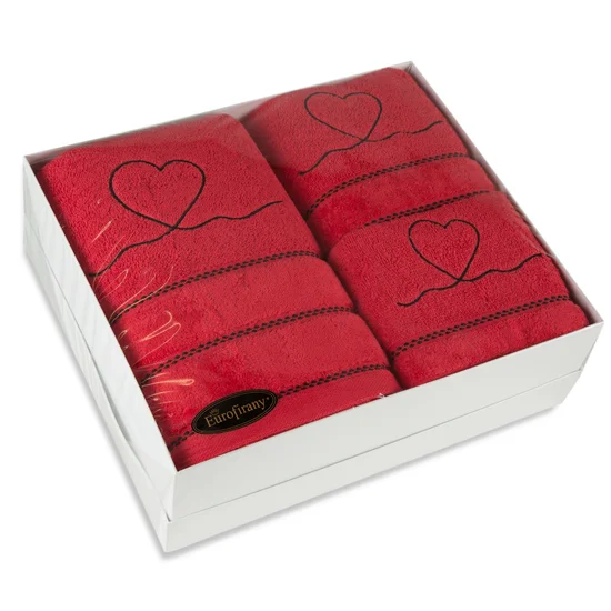 Zestaw prezentowy - komplet 3 szt ręczników z haftem w serca - 34 x 29 x 11 cm - czerwony