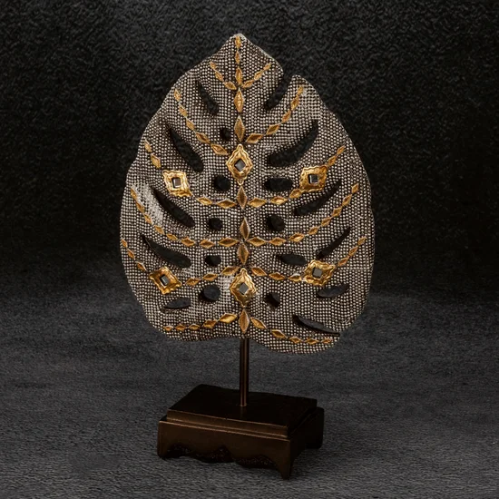 Liść monstery figurka ceramiczna srebrno-złota - 17 x 6 x 26 cm - srebrny