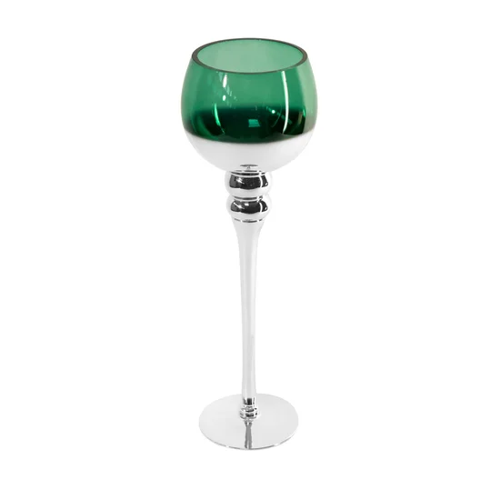 Świecznik bankietowy szklany CLOE na wysmukłej nóżce srebrno-zielony - ∅ 12 x 40 cm - biały
