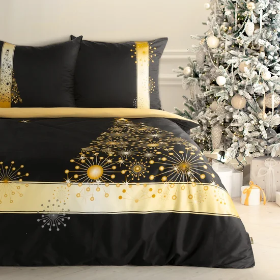 Elegancki komplet pościeli świątecznej EVE z satyny bawełnianej z motywem złotej choinki - 220 x 200 cm - czarny