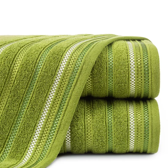 Ręcznik LIVIA  z kolorowymi paskami tkanymi we wzór jodełki - 30 x 50 cm - oliwkowy