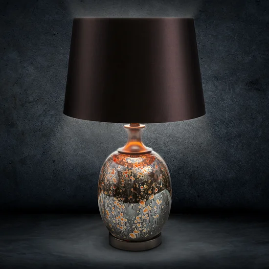 Lampa stołowa KIARA na szklanej podstawie z przecieranego szkła czarno-brązowego z welwetowym abażurem - ∅ 33 x 64 cm - brązowy