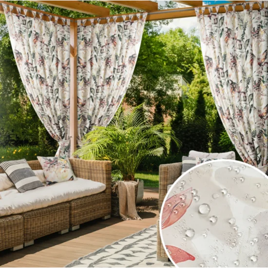 Zasłona GARDEN do ogrodu i na taras, z tkaniny wodoodpornej z motywem roślinnym na szelkach zapinanych na rzepy - 155 x 220 cm - biały