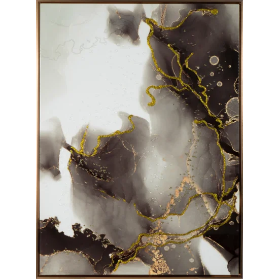 Obraz AURORA 2 abstrakcyjny ze złoto czarnym nadrukiem na białym tle - 73 x 103 cm - biały