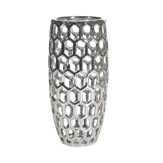Ceramiczny wazon o geometrycznym ażurowym wzorze - ∅ 13 x 27 cm - srebrny
