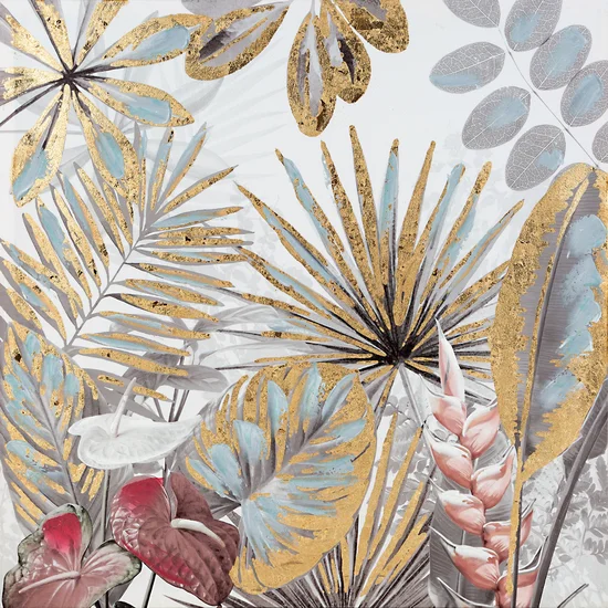 Obraz AMAZON ręcznie malowany na płótnie egzotyczne liście ze złocistymi akcentami - 60 x 60 cm - złoty
