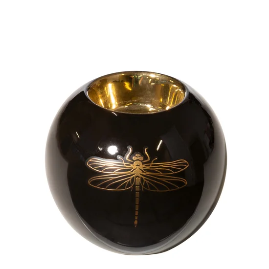 Świecznik ceramiczny z nadrukiem złotej ważki - ∅ 9 x 8 cm - czarny