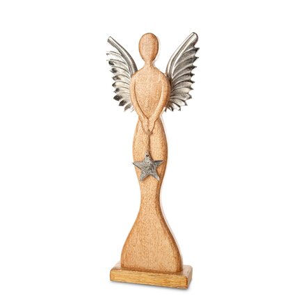 Figurka świąteczna drewniany ANIOŁ z srebrnymi skrzydłami 19 x 7 x 47 cm brązowy