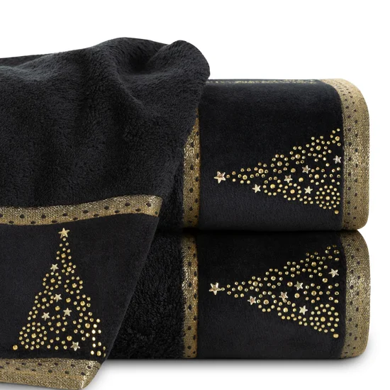 Ręcznik świąteczny EVE 01 bawełniany z aplikacją choinki ze złotych kryształków - 70 x 140 cm - czarny