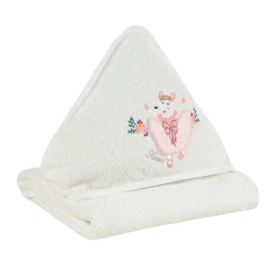 Ręcznik BABY z kapturem z haftowaną aplikacją z myszką baletnicą 3D - 100 x 100 cm - biały